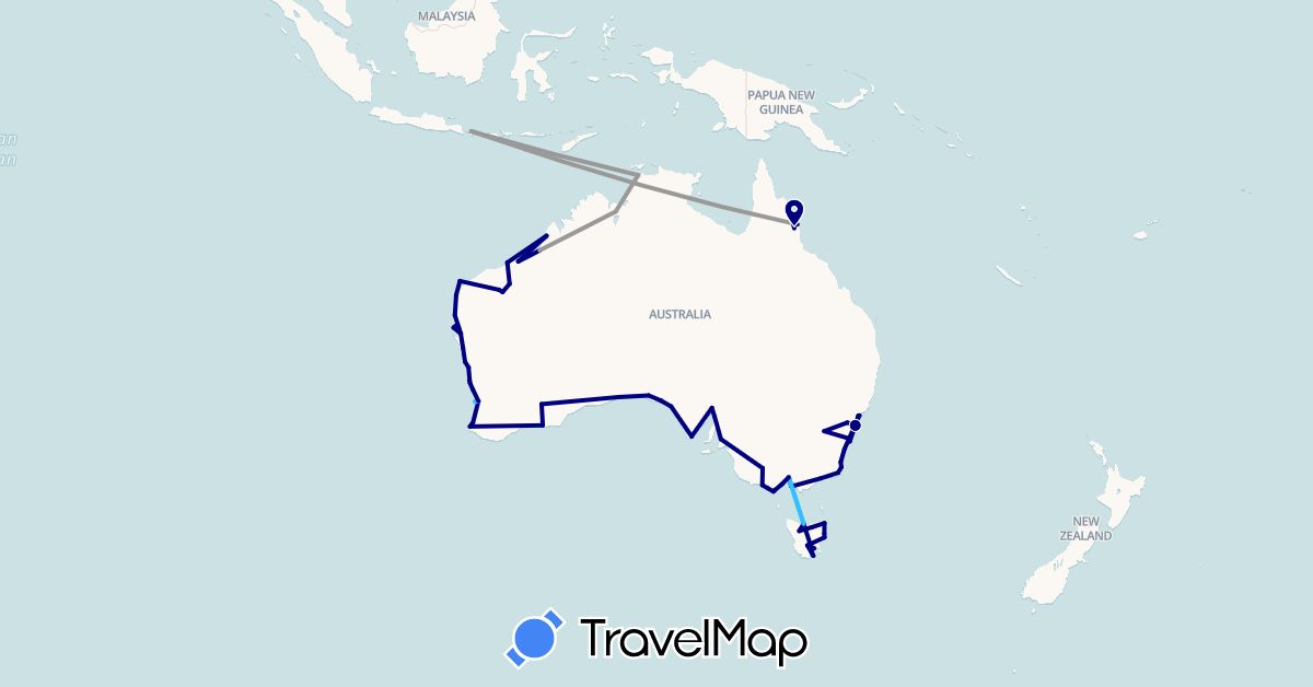 TravelMap itinerary: driving, plane, boat in Australia, Indonesia (Asia, Oceania)